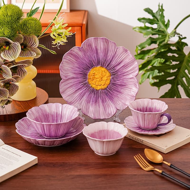 6-Color Floral Household Plates, Soup Bowls, Ceramic Bowls, Dessert and Western-Style Plates, High Aesthetic Value Tableware Set with Underglaze Color