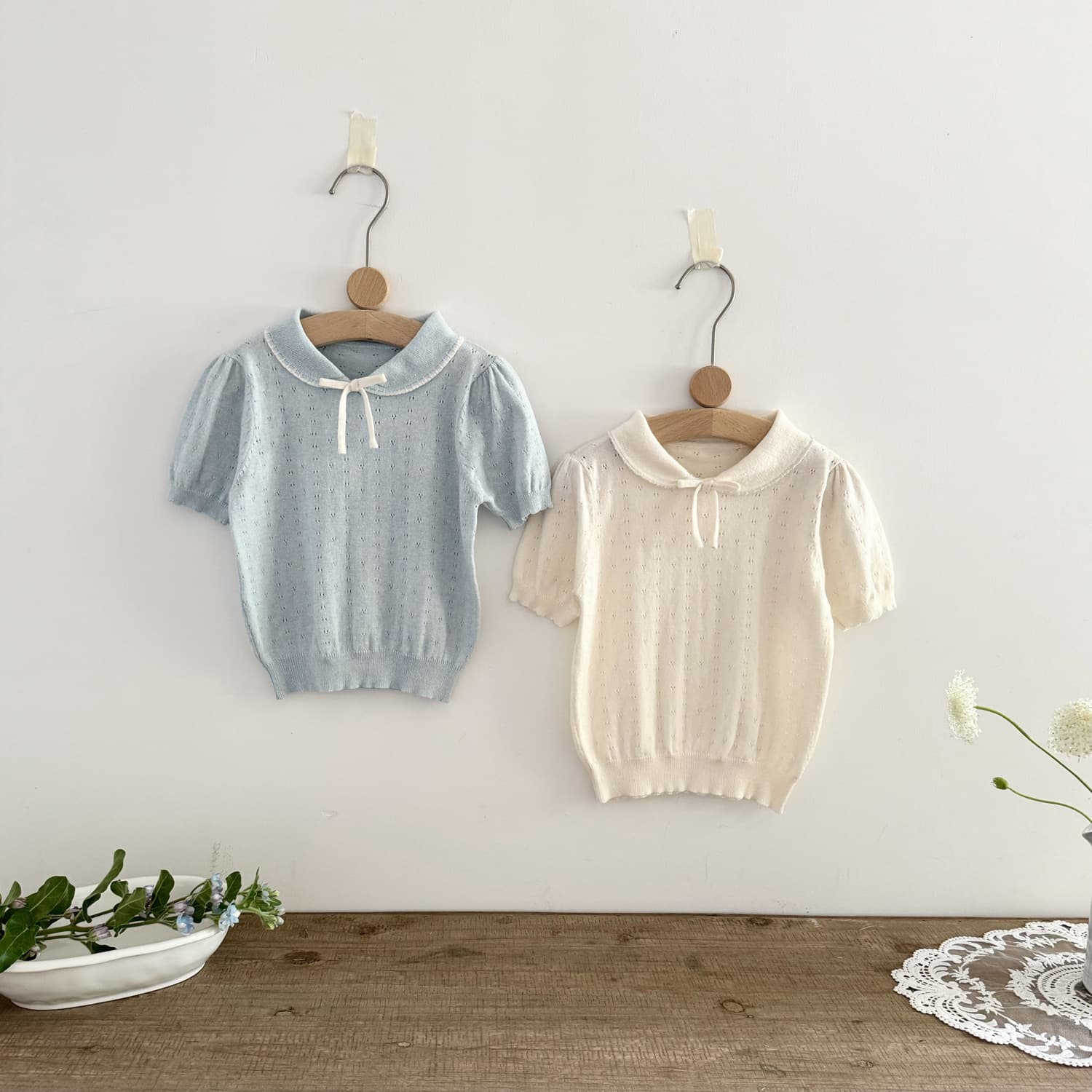 Japanese Style Women's Knitted Top Short Sleeve Lapel Cute Bow Design T-Shirt Ins Women's Chic Short Sleeve Top