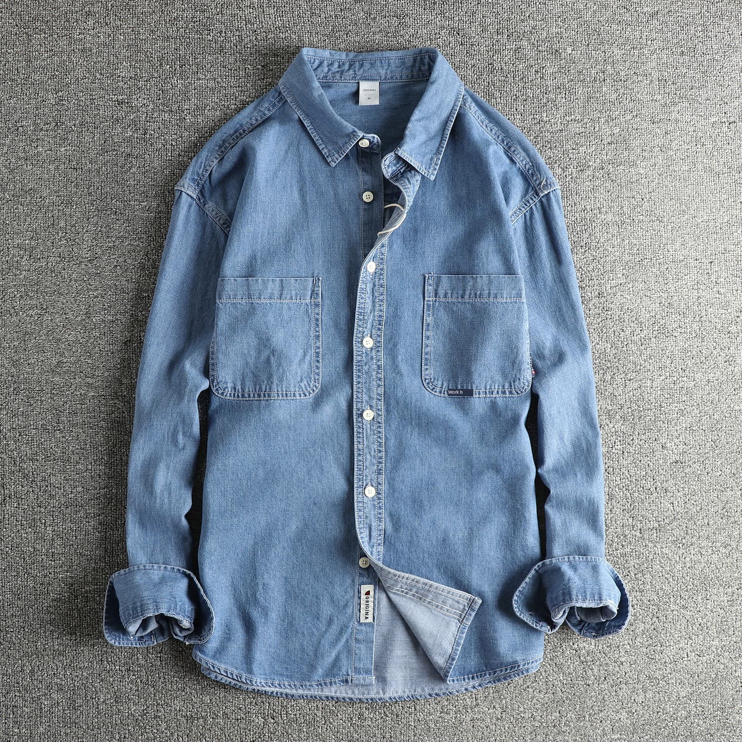 Men's Washed Denim Long Sleeve Shirt with American Fashion Style, Simple Flap Pocket Casual Vintage Design
