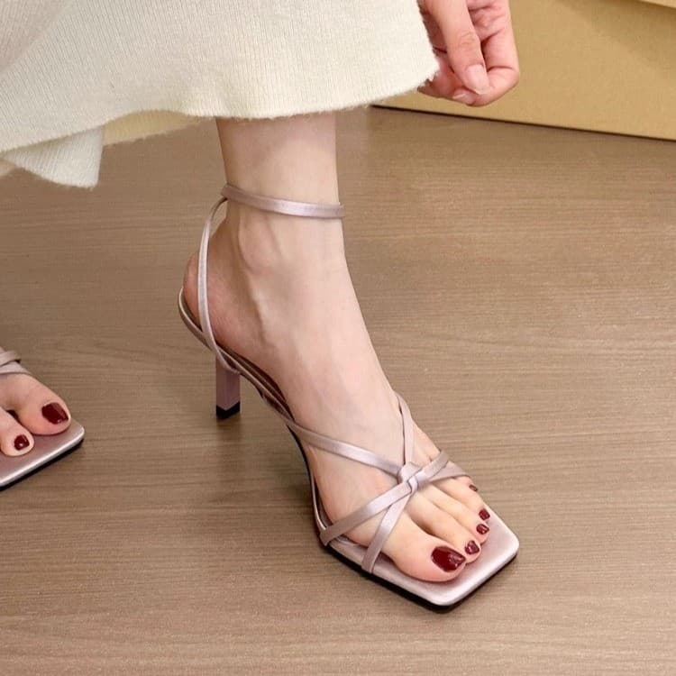 French high-heeled temperament one-word buckle sandals for women 2025 summer new square toe open toe braided thin strap fairy shoes