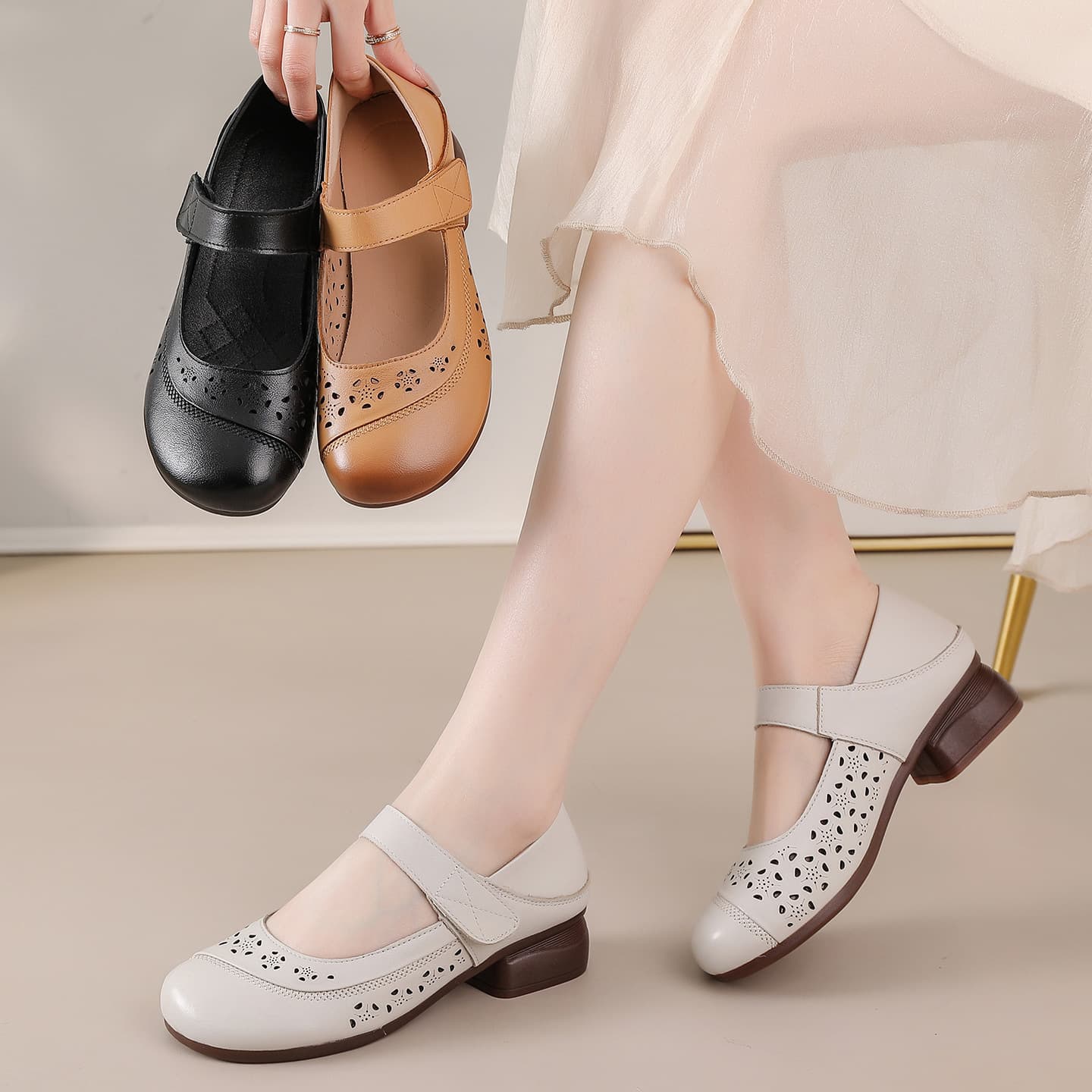 Original handmade soft cowhide sandals, ethnic style retro mid-heel soft sole women's shoes, summer genuine leather hollowed-out perforated single shoes
