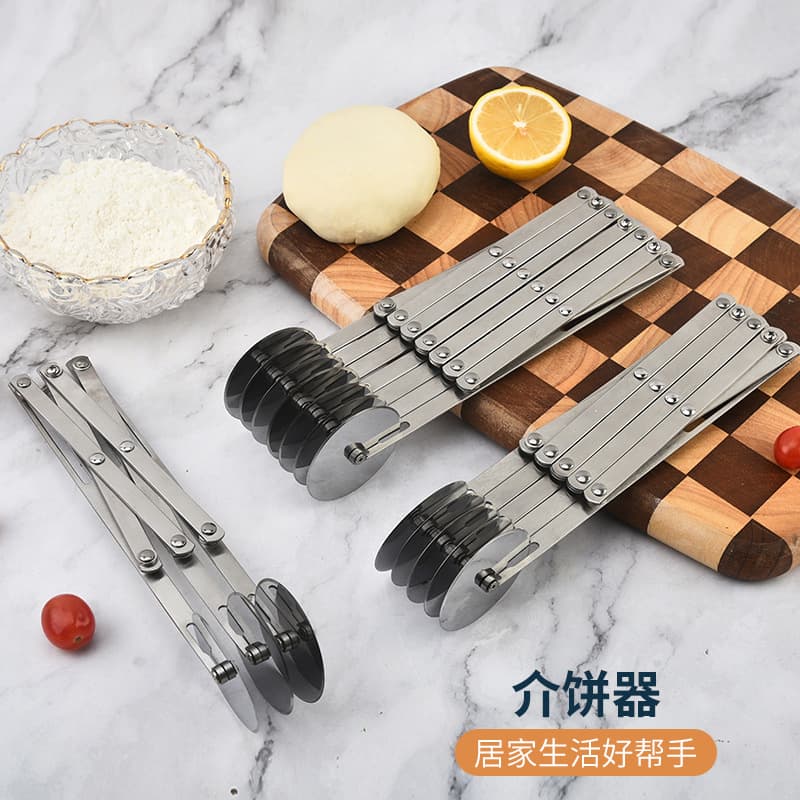 Customized stainless steel pizza knife, multi-wheel dough cutter, multi-function dough stick knife, retractable roller pizza knife, pie starter