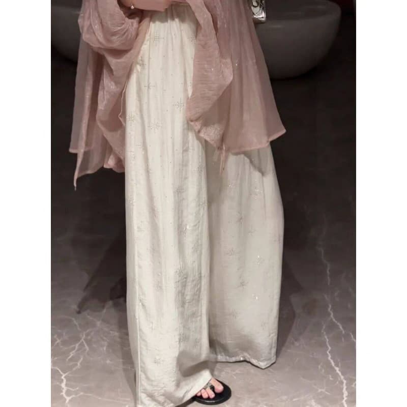 Pear Shape New White Ice Silk Snowflake Diamond Wide Leg Pants for Women Summer Thin High Waist Slimming Casual Pants