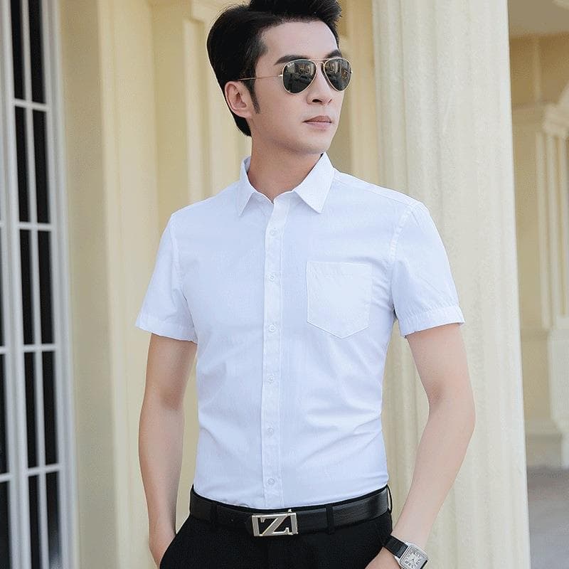2024 Summer New Men's Business Casual Short Sleeve Shirt Pure White Youth Professional Shirt With Pocket
