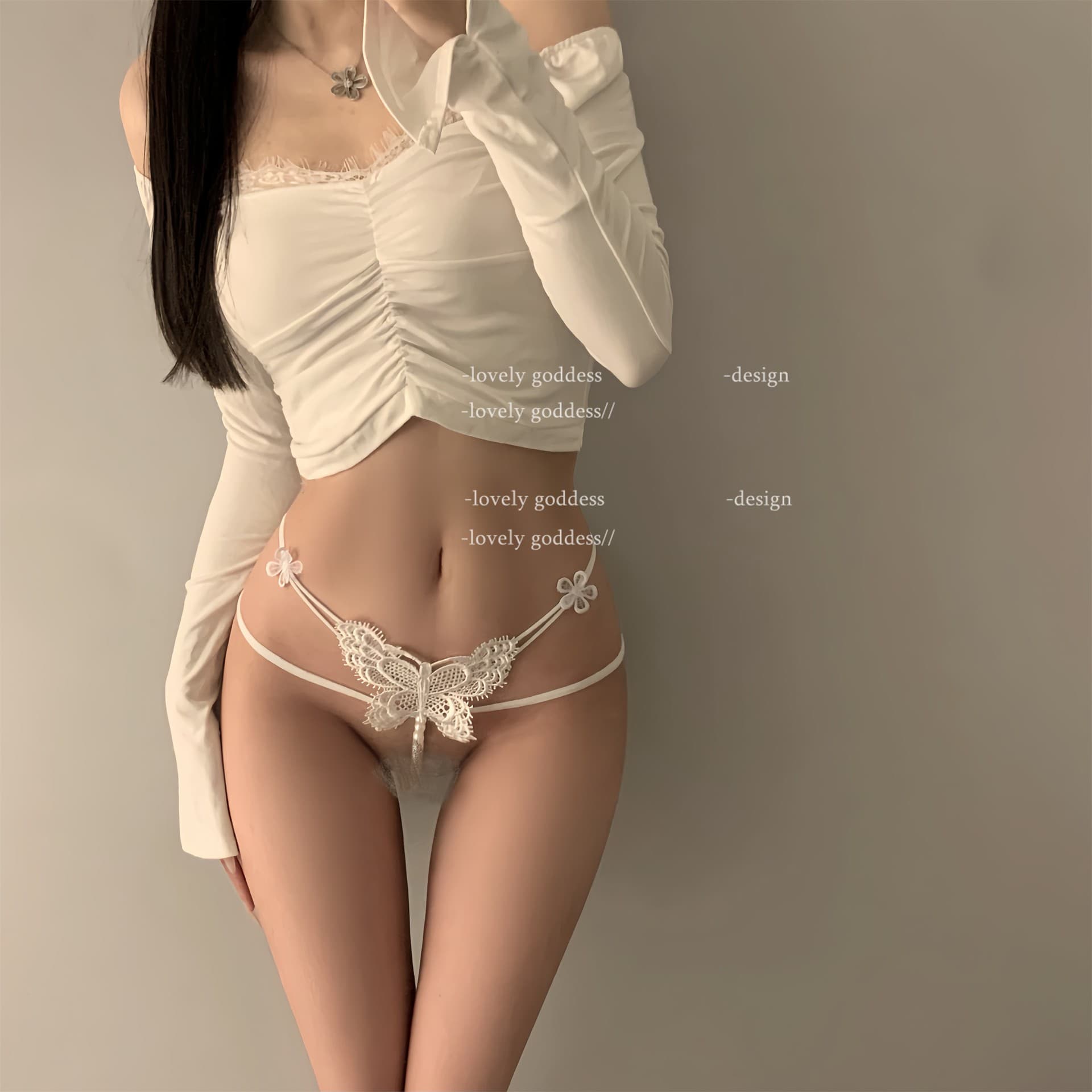 Sexy Bow Pearl Open Crotch Lace Embroidery Thong Lingerie Panties N13