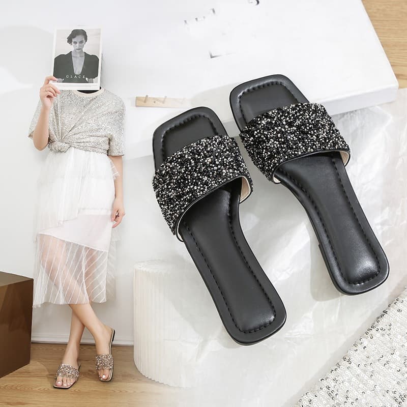2023 new summer style sequined flat soft bottom comfortable casual women's slippers foreign trade large size 36-43