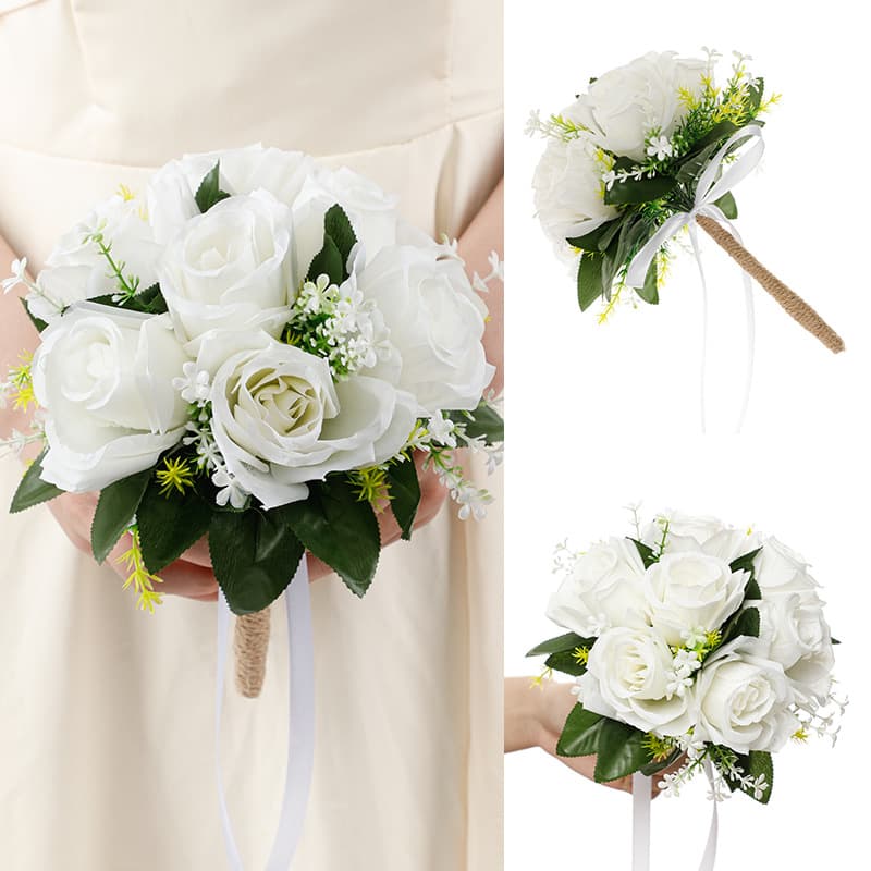 Cross-border wedding bridesmaid bouquet with hemp rope handle, cross-border white artificial rose bridal bouquet
