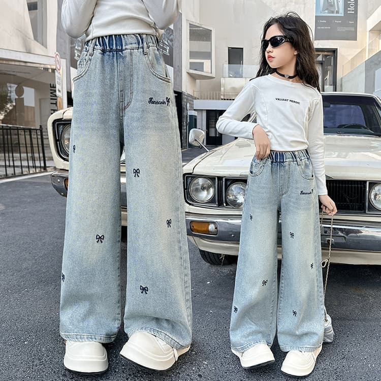Girls' jeans, spring and autumn 2025 new style, children's fashionable straight leg outerwear pants, big kids' spring loose wide-leg pants