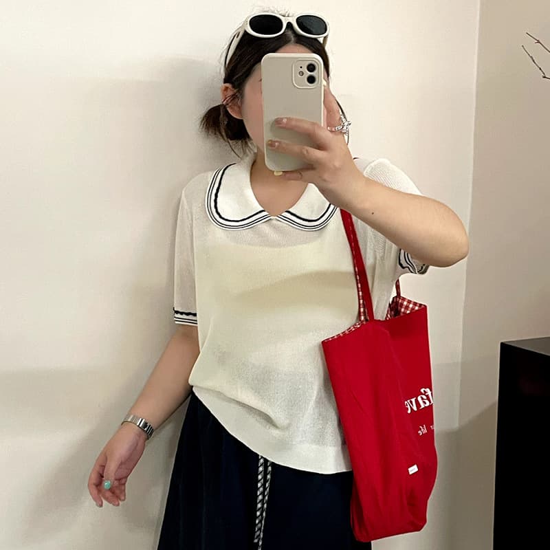 Plus-Size Women's Color-Blocked Doll Collar Casual Top Knit Shirt 2026 Summer Versatile Short-Sleeve T-Shirt for Chubby Women 23921