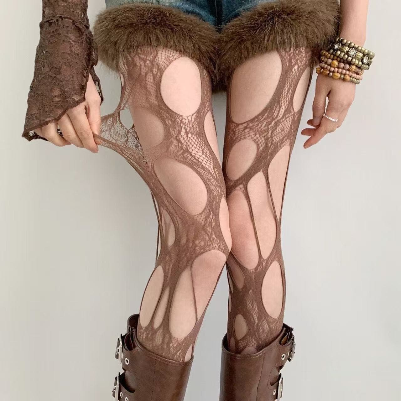 Retro ripped fishnet stockings, unique rose-patterned openwork irregular stockings, gothic erotic punk style stockings