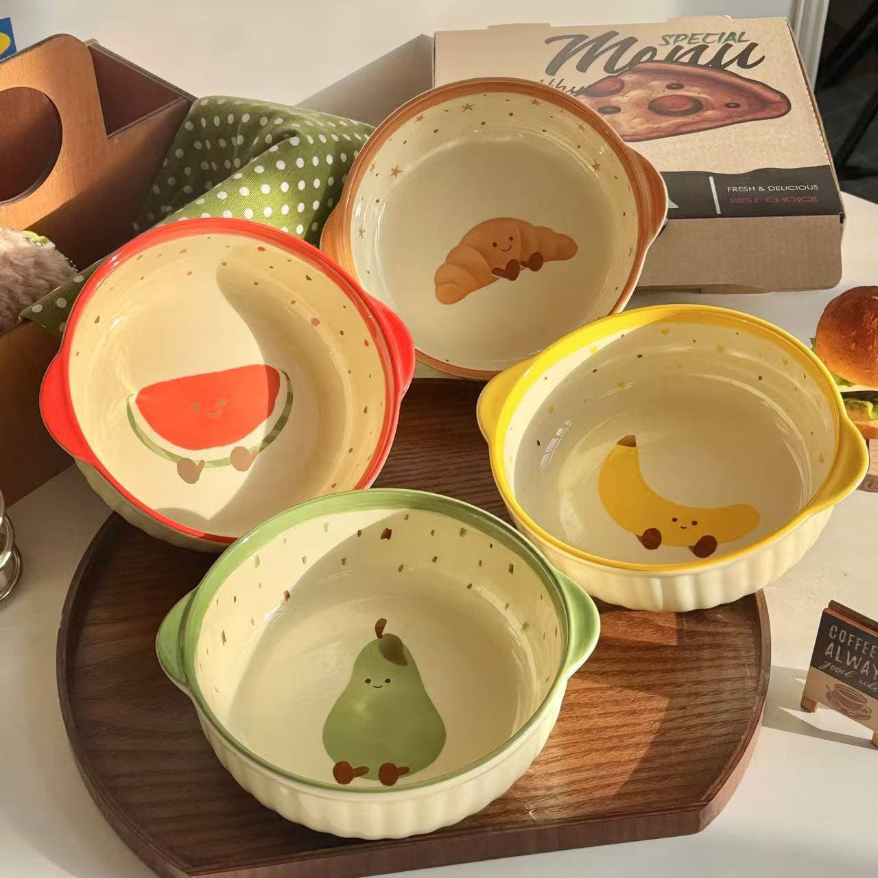 Fruit Croissant High-Gloss Ceramic Bowl Home 2025 New Student Dormitory Double-Ear Instant Noodle Bowl Snail Noodle Bowl