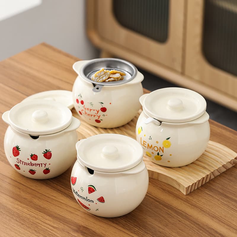 Fruit printed ceramic jar, cream style seasoning jar, lard salt storage kitchen sealed container, home furnishings