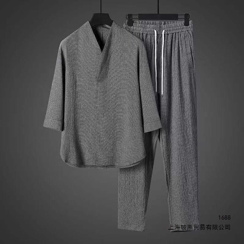 Ice Silk Draped Chinese Style Men's Thin T-Shirt Short Sleeve Summer Loose Plus Size Tang Suit Two-Piece Set