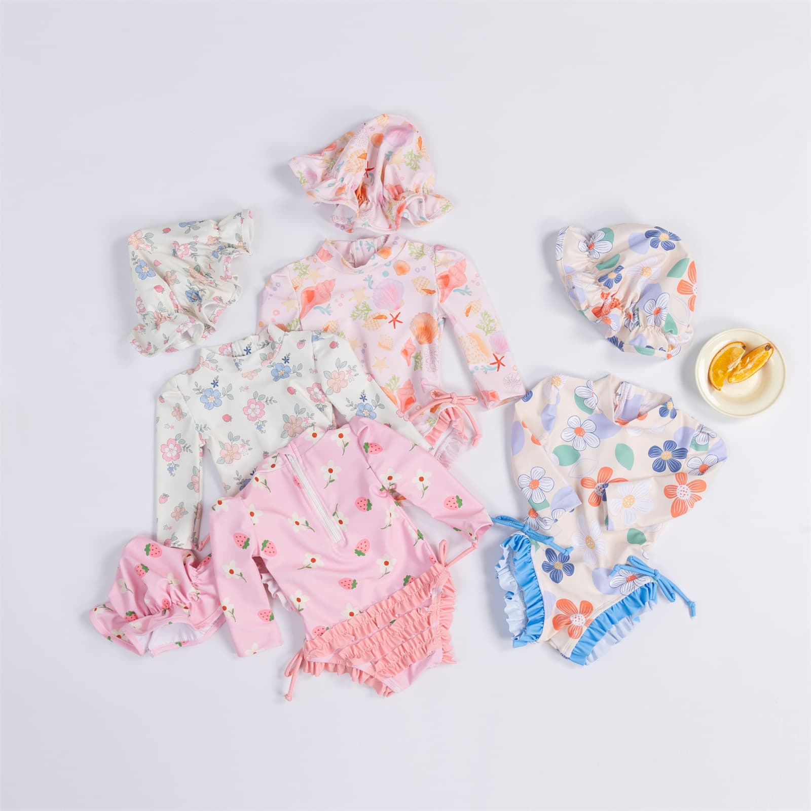 Girls Back Lace Swimsuit Children's Shirred One-Piece Baby Printed Long Sleeve Sun Protection Swimsuit + Hat Sun Protection Upgrade