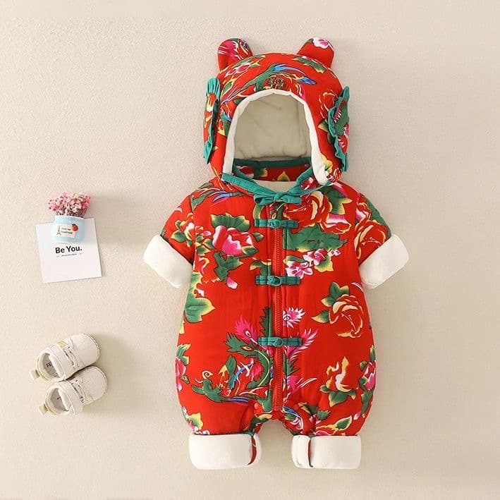 Baby Cotton Romper Winter Clothes Thickened Cotton Padded New Year Outfit Floral Print Unisex Infant Bodysuit Warm Northeast Style