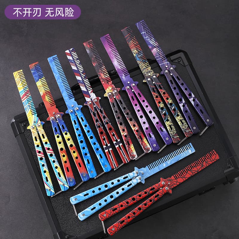 Wholesale factory direct selling csgo butterfly knife colorful 3D butterfly comb outdoor training practice knife folding comb all steel
