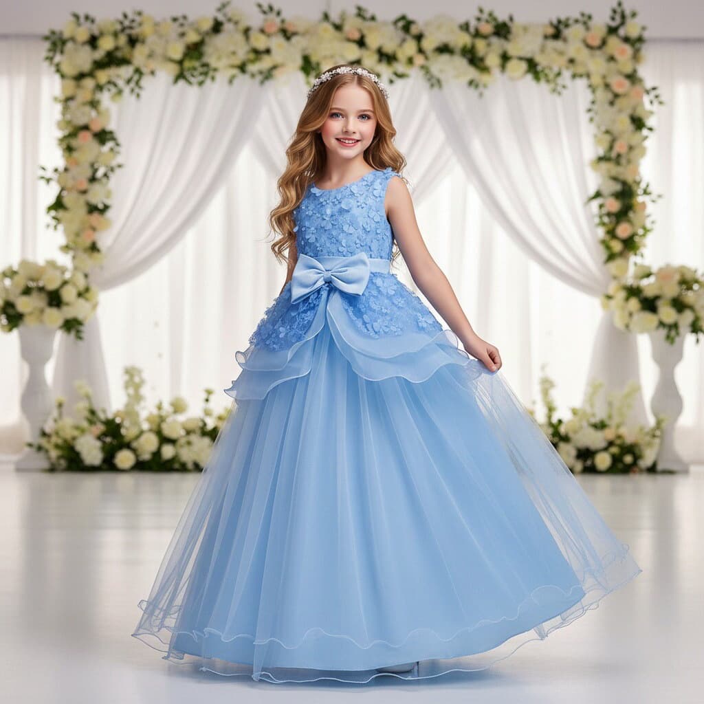 Princess Dress for Wedding Flower Girl Children's Gown Petal Long Skirt Organza Bow Tulle Tutu Dress