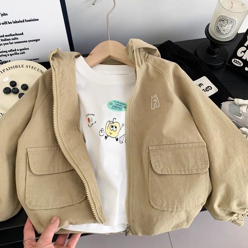 Children's Hooded Jacket 2025 New Style Trench Coat Spring and Autumn New Korean Style Cotton Boys' Solid Color Casual Cardigan