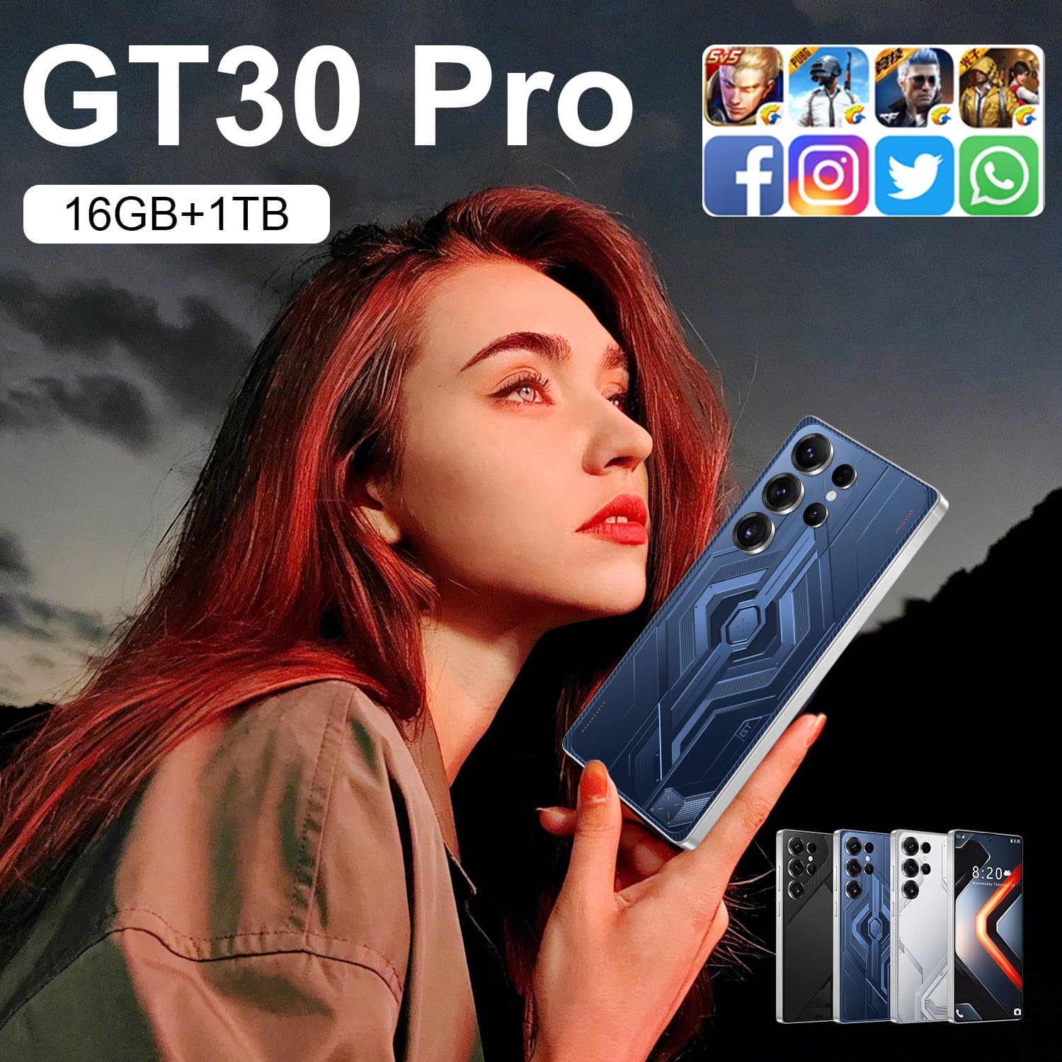 Cross-Border New GT30 Pro Perforated 7.3-inch Large Screen Android 14 Export Spot Hot Selling Smartphone