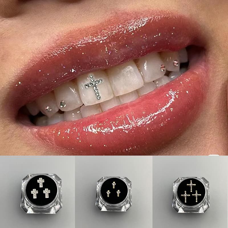 Retro Metal Tooth Gem Cross with Diamond Crystal Stone Metal Tooth Gem Jewelry Boxed for Export