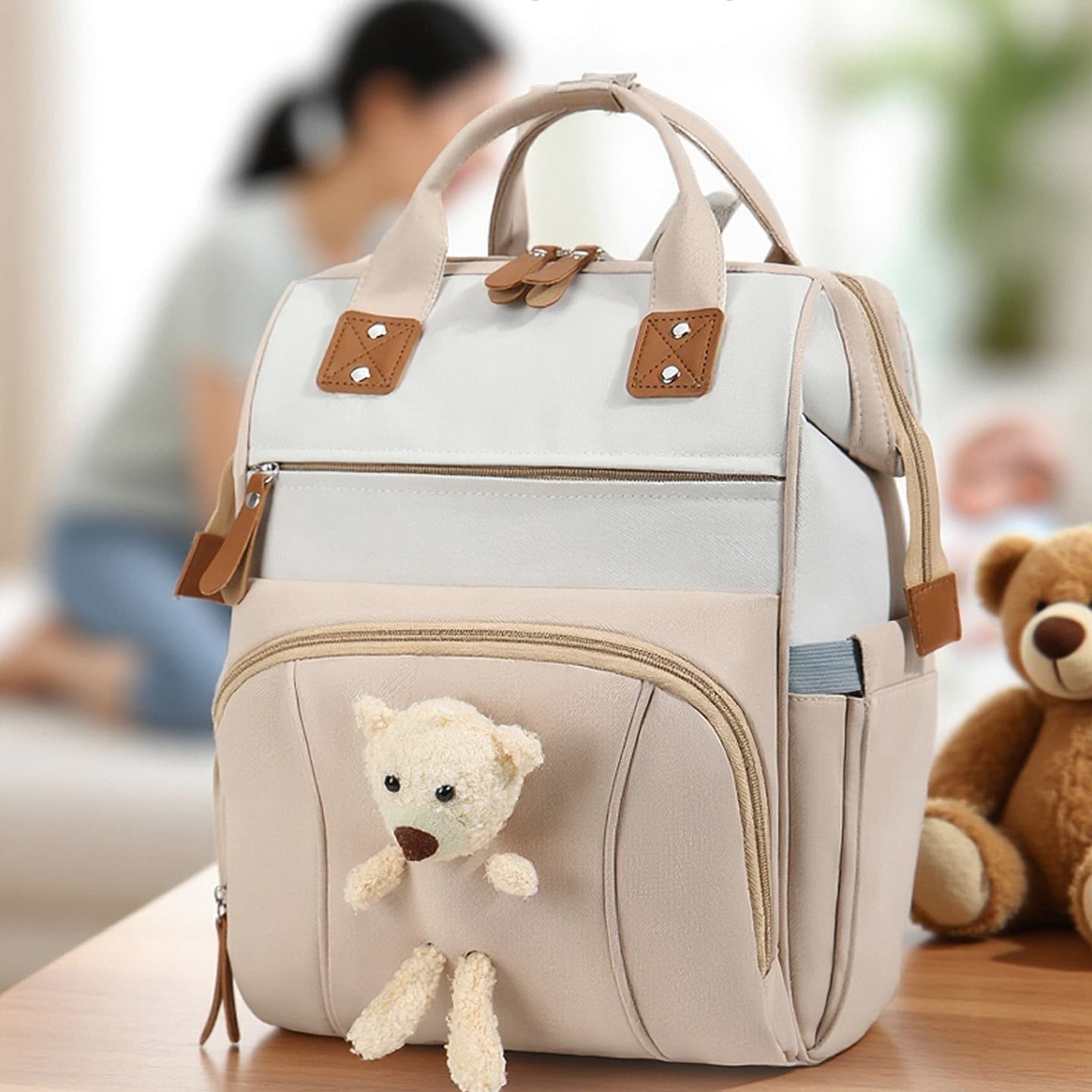 Backpack, milk powder storage bag for mothers traveling with their babies, cute cartoon bear, large-capacity mother and baby bag, mommy bag