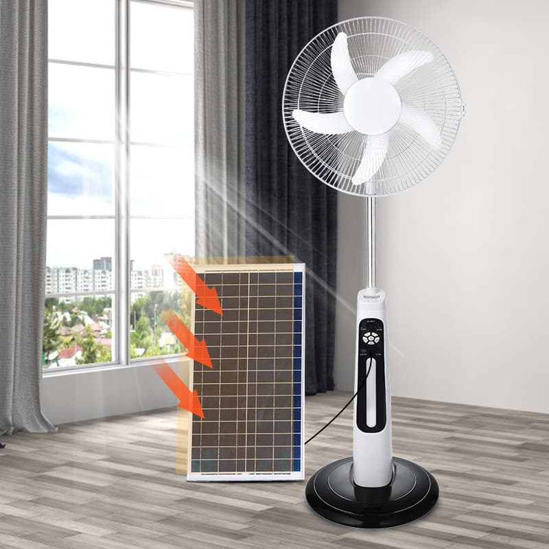 New export model, 16-inch rechargeable high-capacity solar-powered floor fan with brushless motor and long battery life.