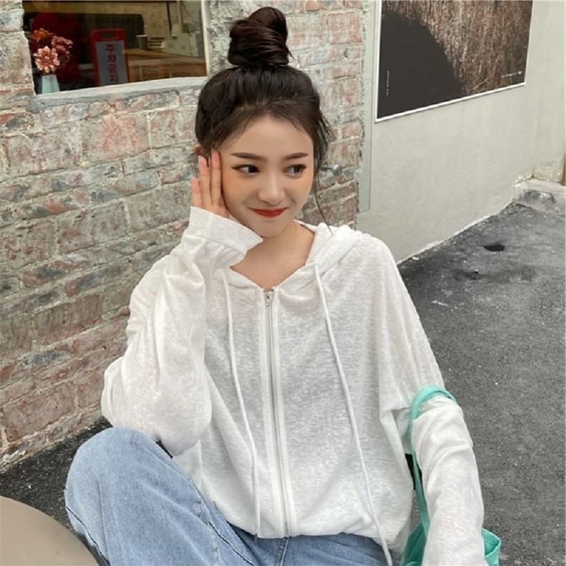 Solid Color Transparent Sun Protection Clothing for Women Loose Long-Sleeved T-Shirt for Women Couple Wear Bottoming Shirt Women's Hooded Zipper Jacket Ins