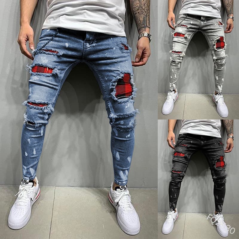 Cross-border men's clothing factory supply ripped jeans Amazon elastic small leg jeans TIKTOK one piece drop shipping