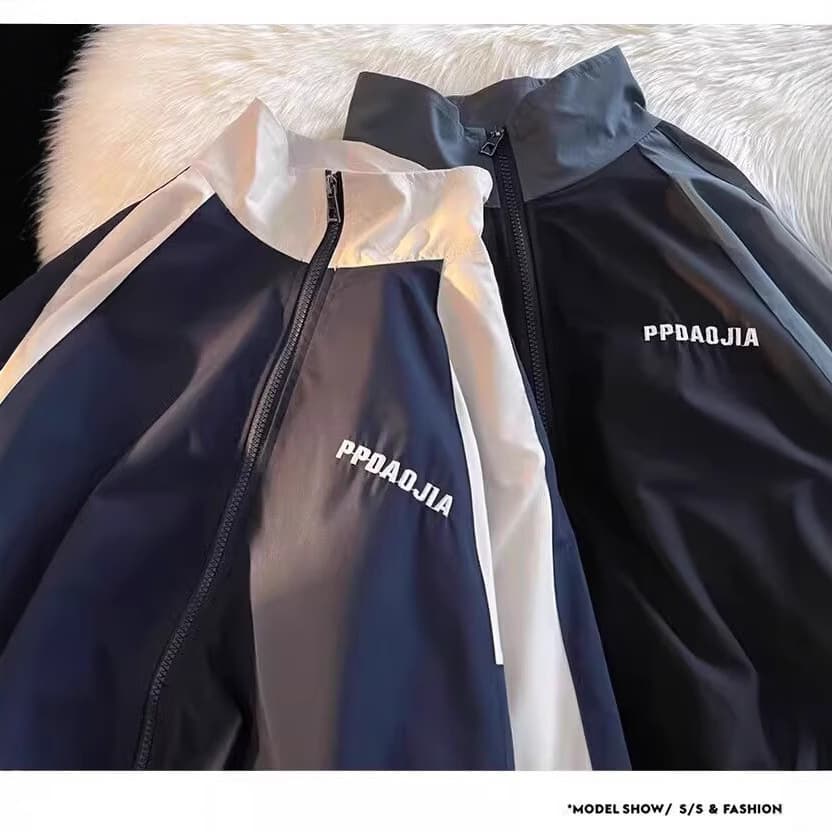 Japanese Retro Stand Collar Windbreaker Jacket for Men Autumn Patchwork Contrast Color Streetwear Sports Casual Plus Size Coat