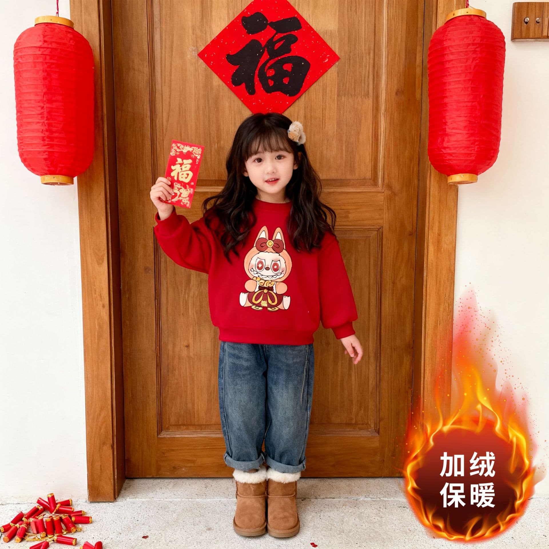 Cartoon cute boys and girls New Year's Ben Ming Nian round neck sweatshirt plus velvet children's warm new style New Year's single top trendy