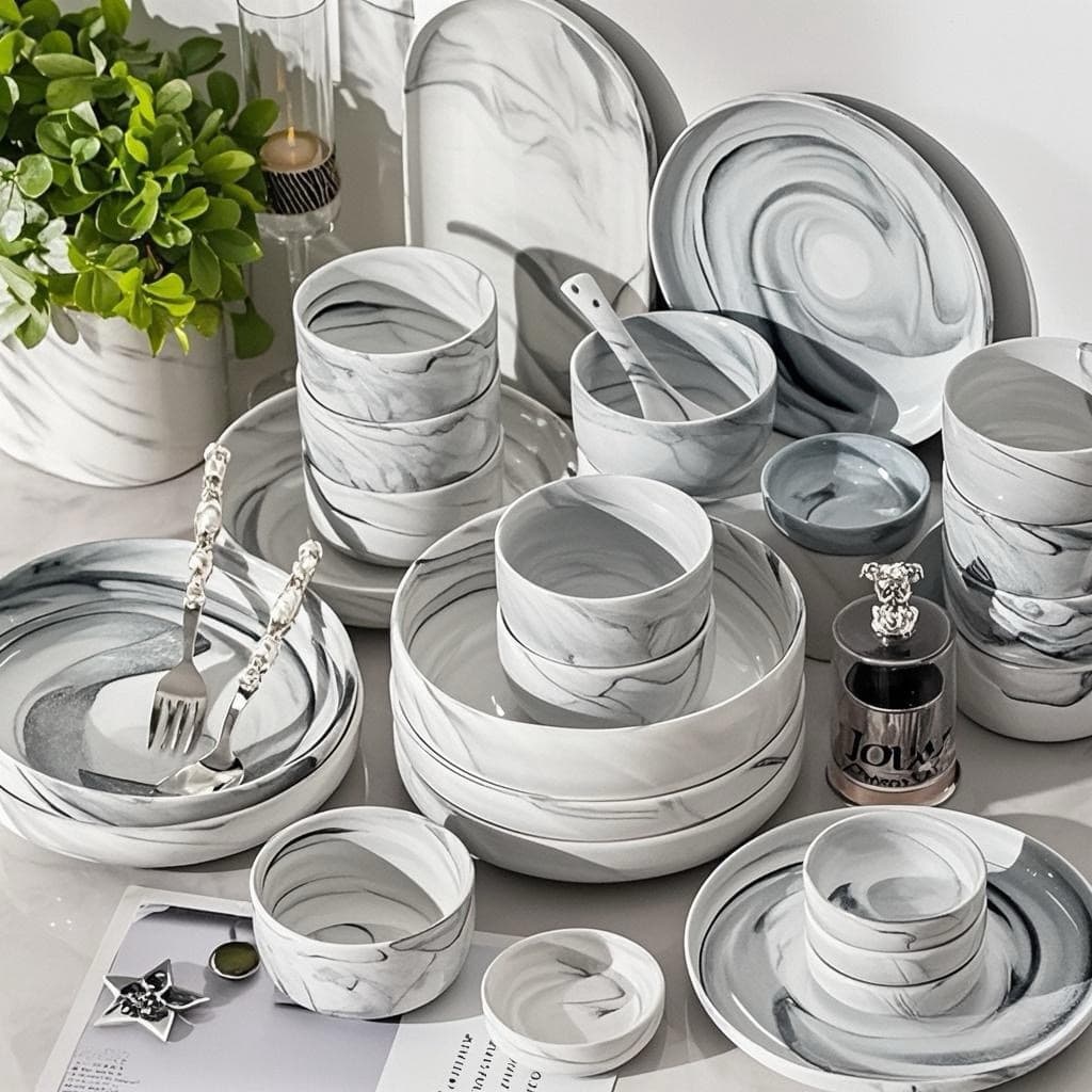 Nordic tableware household ceramic rice bowl marble underglaze color dinner plate ceramic pasta salad dessert breakfast plate