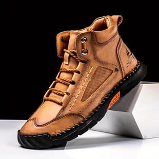 Cross-border Large Size Men's PU Leather Boots Men's Fashion Hand-stitched Ankle Boots Flat Lace-up Casual Shoes