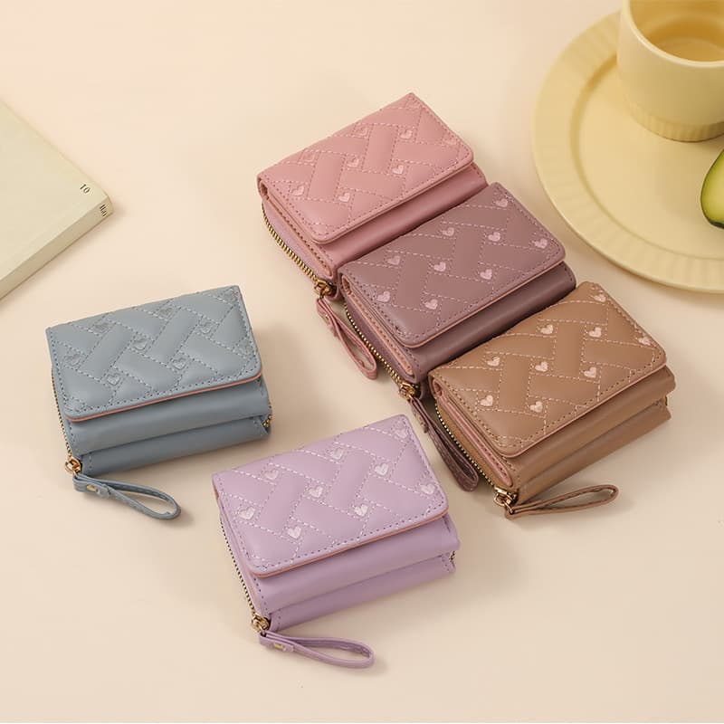 Cross-border Hot Selling Short Women's Wallet Korean Style Embroidered Heart Student Coin Purse Card Holder Multi-card Slot Card Case