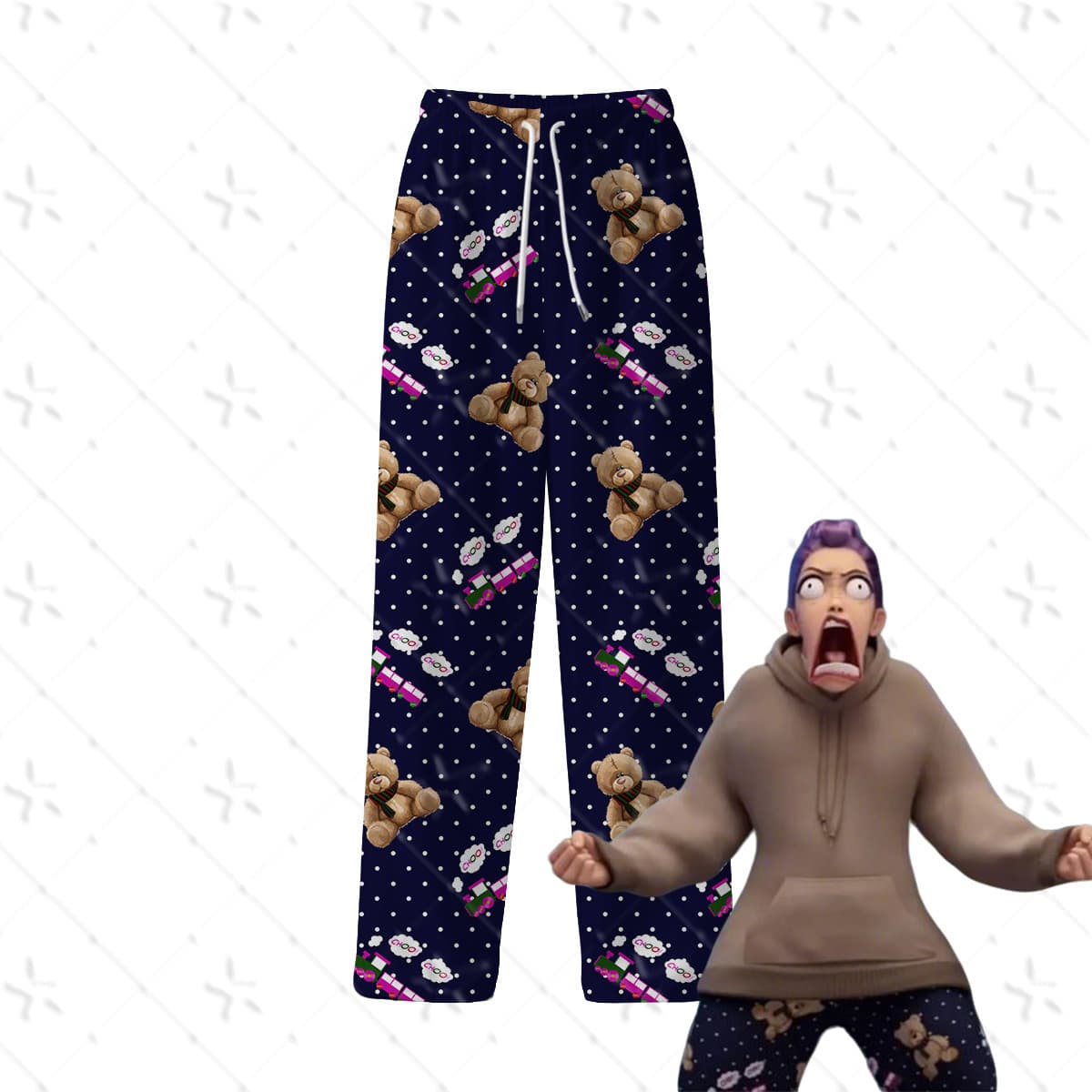 Kpop witch hunter girl group RUMI's same style pajama pants bear and toot train milk silk loose cartoon straight trousers