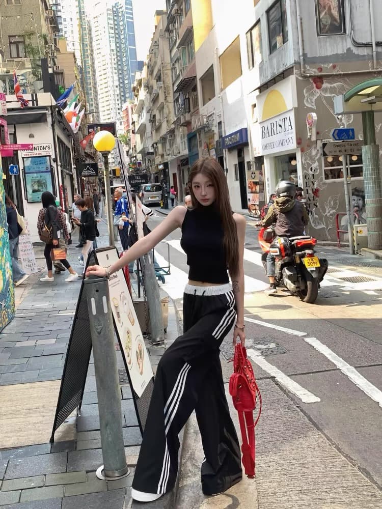Double-sided oblique American hottie overalls for women in summer high-waisted ice silk loose casual sports straight wide-leg pants black