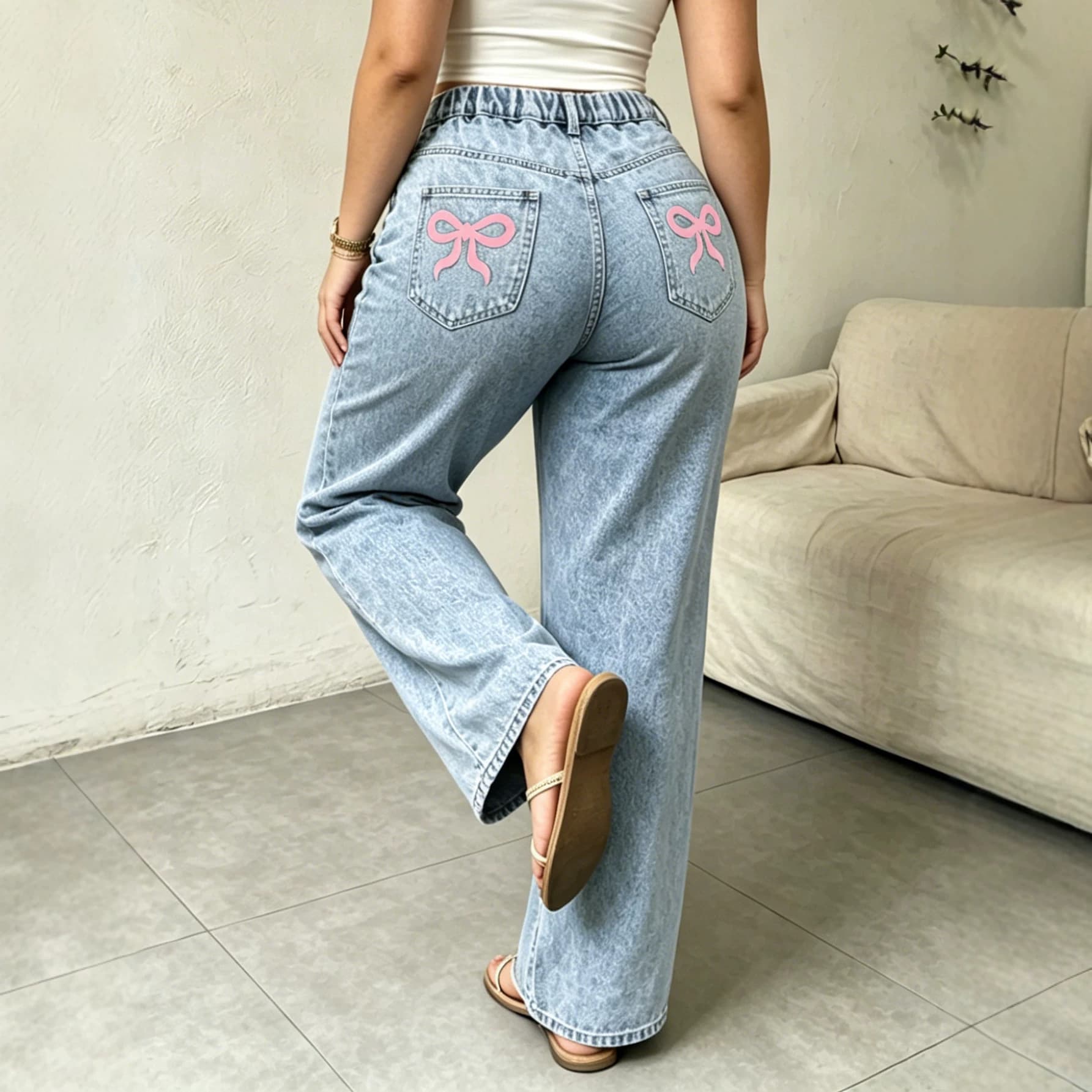 Cross-border popular Amazon bow print jeans for women, sweet and spicy style elastic waist straight pants, loose trousers for women