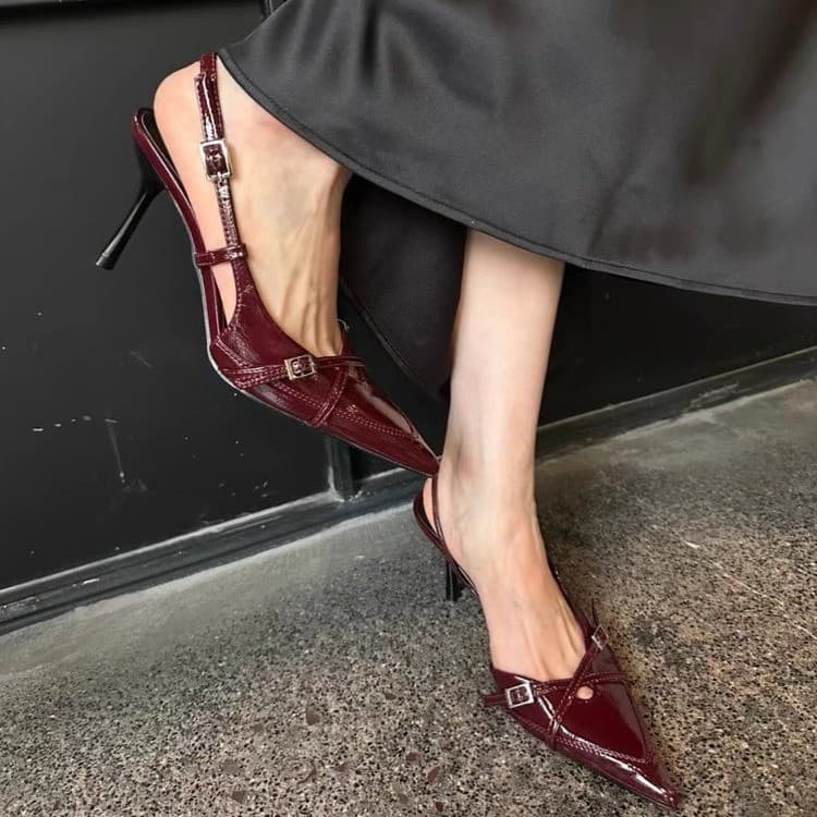 Spring and Summer 2025 New Arrival High Heels with Strap Pointed-toe Slimming Patent Leather Stiletto Heel Cross Buckle Shoes