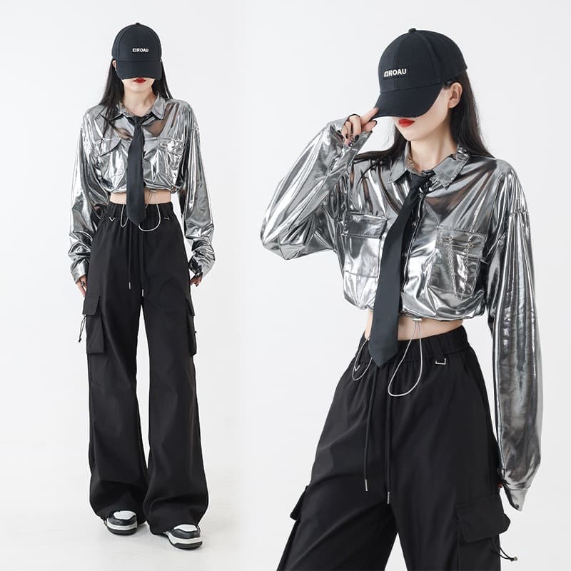 Jazz Dance Girl Outfit: Crop Top Long-Sleeved Suit - Trendy and Stylish Jazz Dance Performance Costume with Silver Sequins
