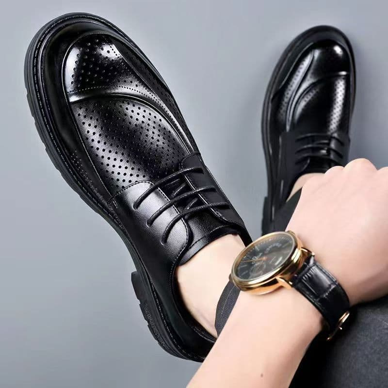 British Leather Shoes Men's Genuine Leather Summer Breathable Hollow Toe Leather Shoes Lace-up Business Formal Casual Shoes