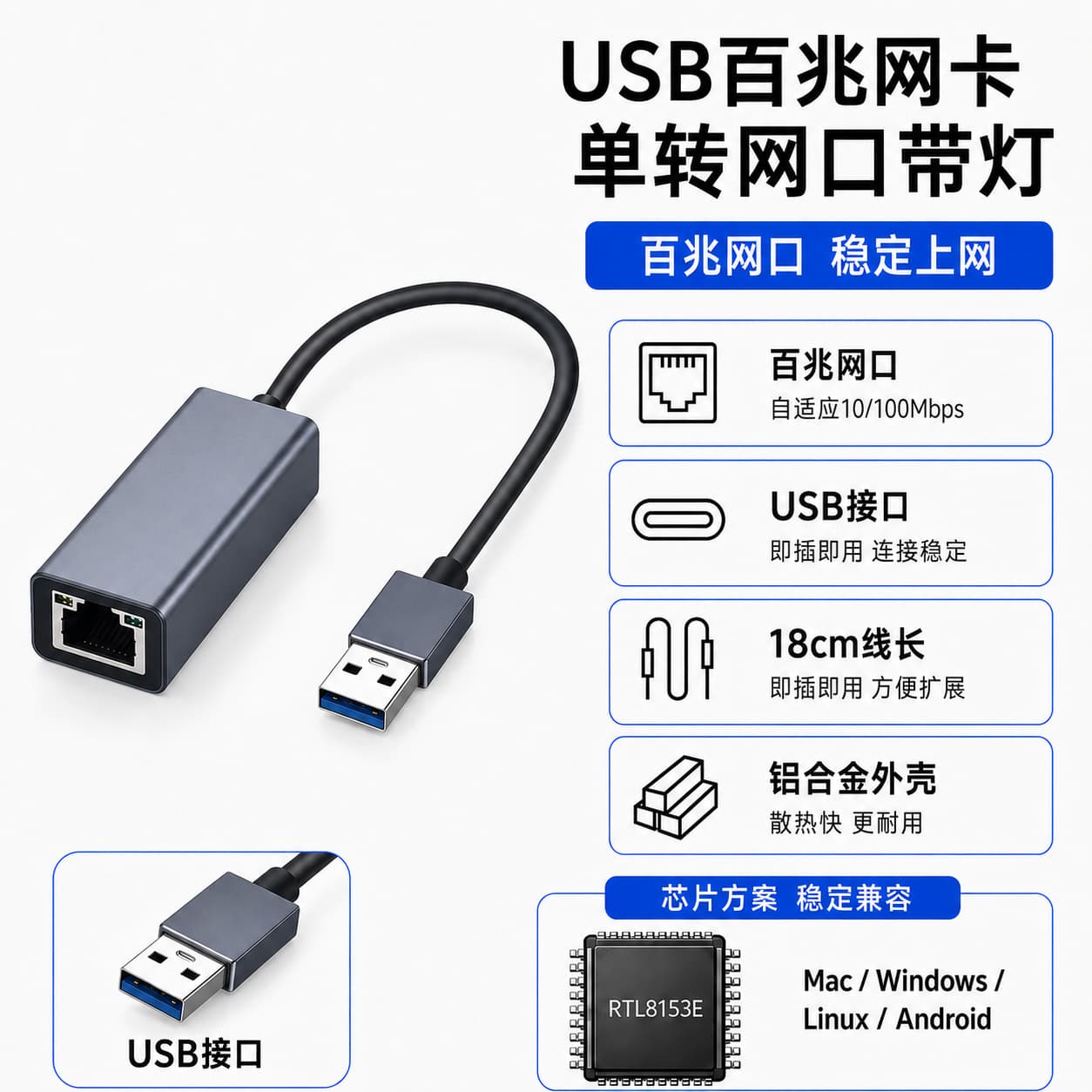USB Network Adapter 100M/1000M USB to Ethernet RJ45 Dongle Plug and Play No Driver Required