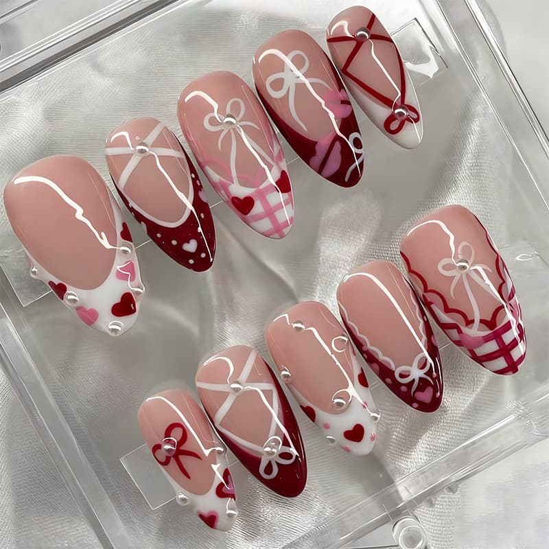 30pcs Cross-border Valentine's Day Best-selling Almond Press-on Nails 3D Fine Art Painted Bow Heart Nail Tips Wholesale