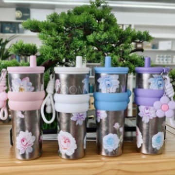 2025 New Car Pure Titanium Straw Tumblers, Large Capacity Floral-pattern Insulated Travel Coffee Cup
