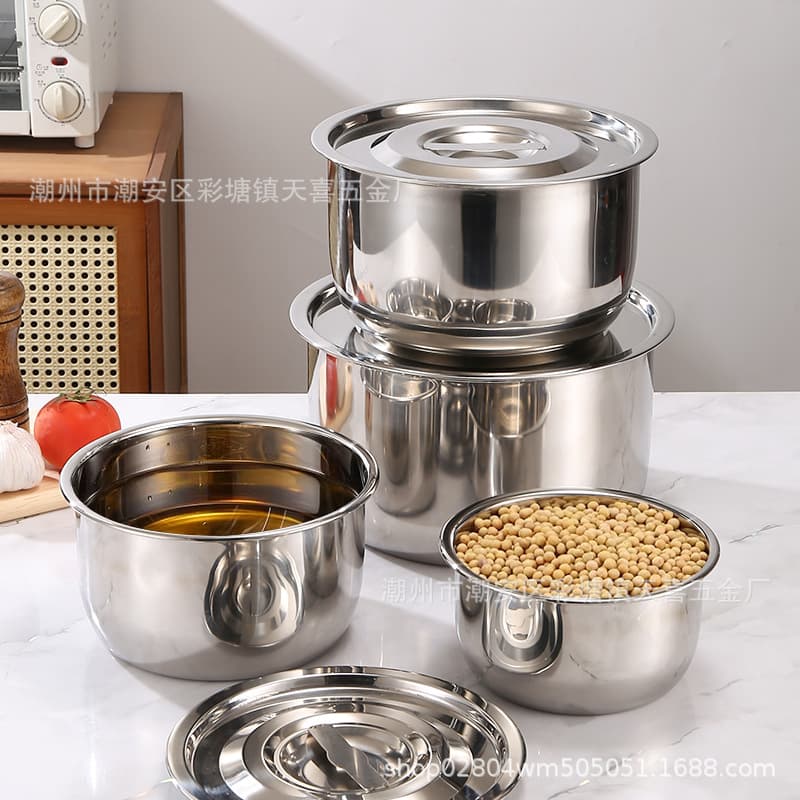 Stainless Steel Cooking Pot with Lid, Condiment Jar, Salad Bowl, Steaming Soup Pot for Cross-border Southeast Asia, Three-Piece or Five-Piece Set
