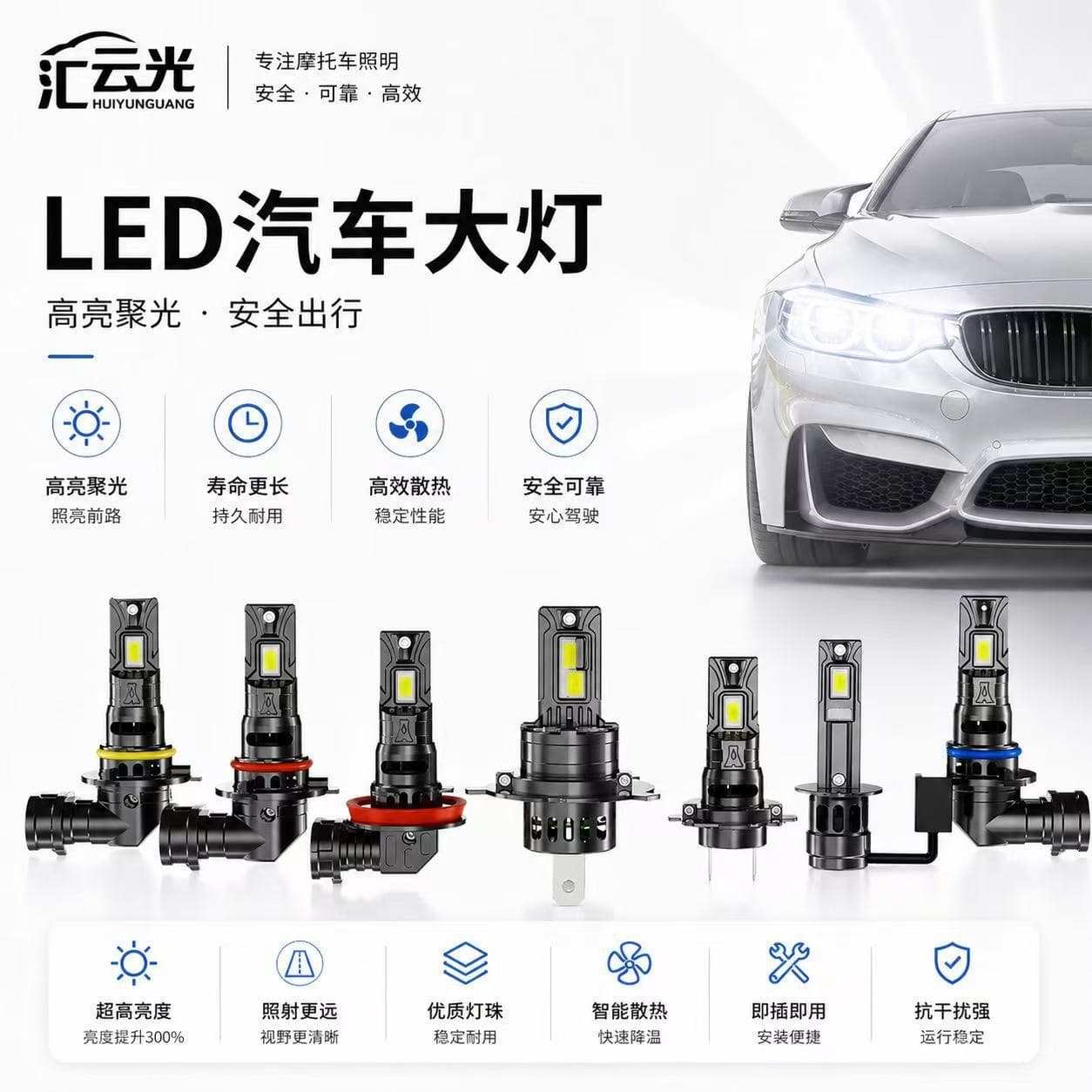 Cross-Border Hot-Selling 1:1 Car LED Headlights, Direct Plug-In H7 High-Brightness Spotlight, H4 High-Power LED Car Lights