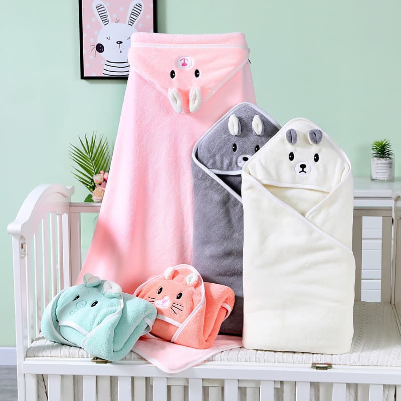 Children's Bath Towel, Newborn Swaddle Blanket, Coral Fleece Wrapping Cloth with Embroidery, Animal Eyes Closed Hooded Cape