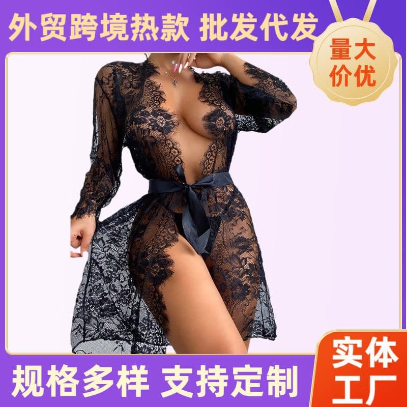 Cross-border Trade Lingerie, European and American Sexy Lingerie for Women, Eyelash Lace See-through Robe, Sexy Sheer Lingerie