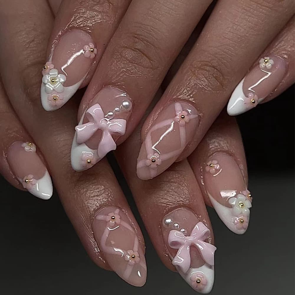 Sweet Pink Bow Nail Art Floral French White Press-On Nails Cross-Border Hot Sale Interlocking Stripe Nail Tips Wholesale