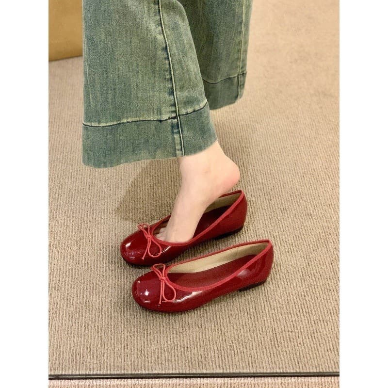 French-Style Round-Toe Patent Leather Women's Shoes 2025 Summer New Bowknot with Skirt Flat Red Evening Shoes Scoop Shoes