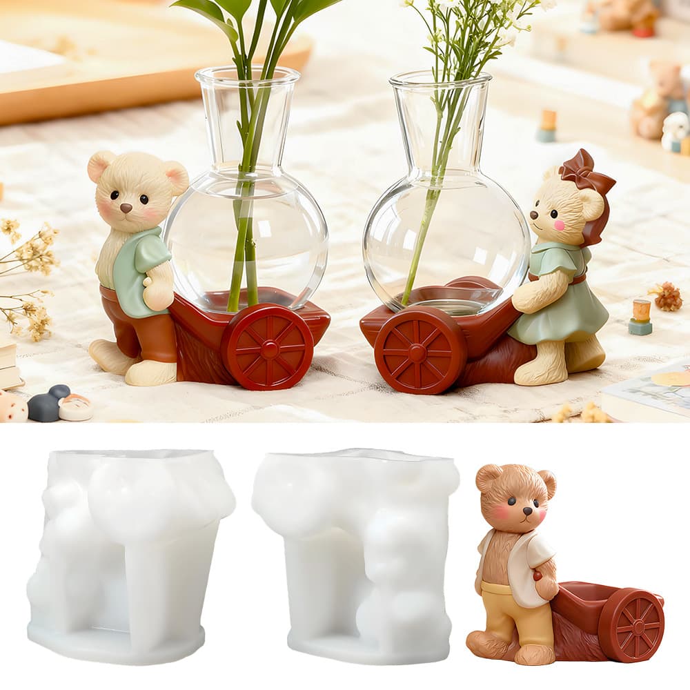 Bear Cart Flower Pot Silicone Mold, DIY Hydroponic Vase Desktop Decoration, Aromatherapy Plaster Mold