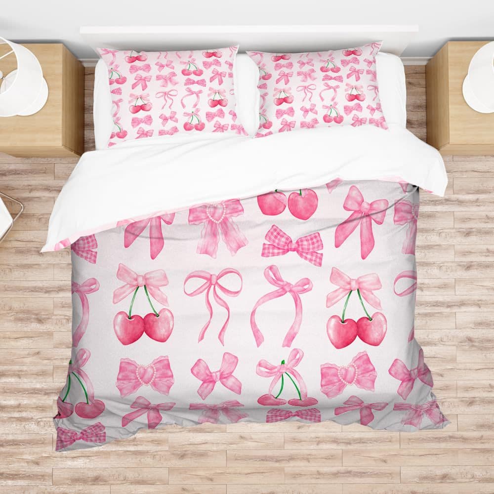 Cross-Border 3-Piece Bedding Set Pink Cherry Bow Girl Digital Print Bed Sheet Foreign Trade Home Textile